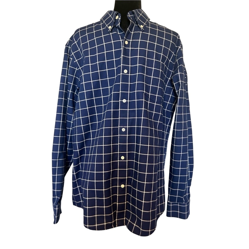 Lands' End Navy and White Windowpane No Iron Cotton Twill Shirt Size Large